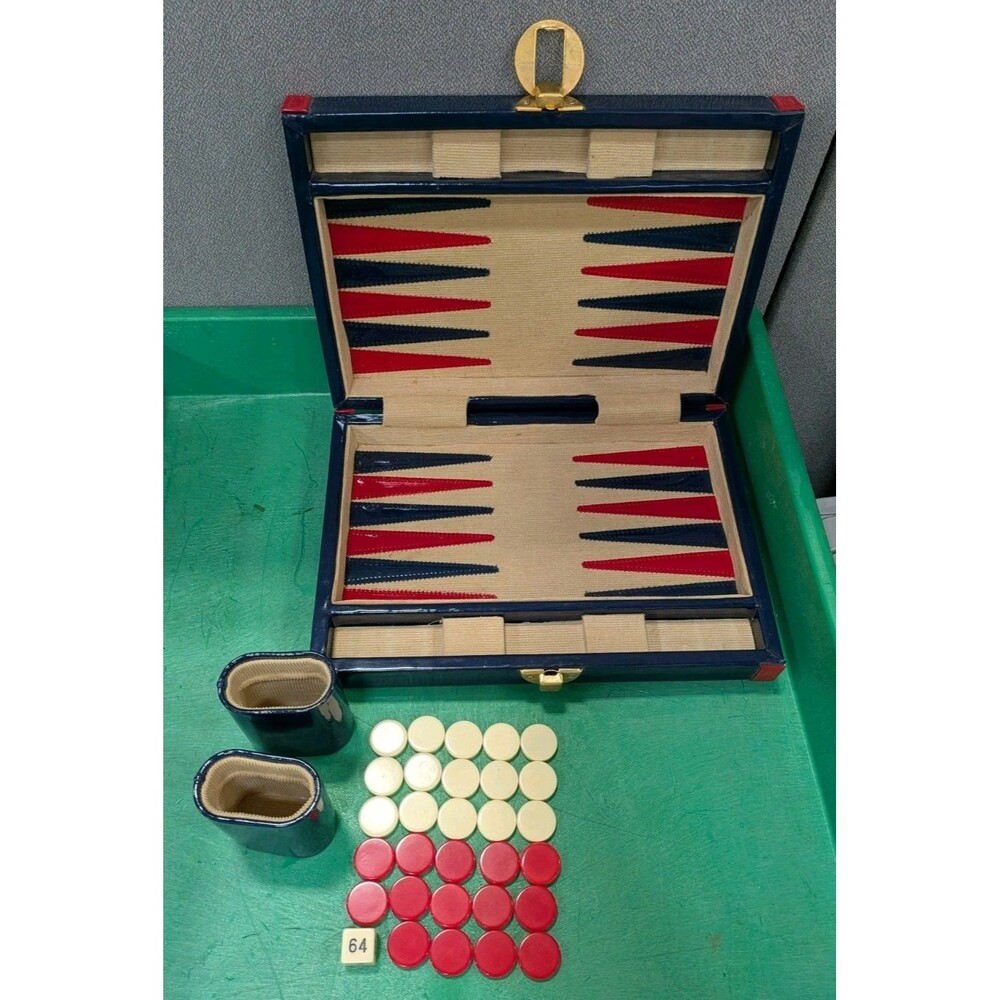 1975 Vintage Navy Blue Vinyl Backgammon Set Red White Points